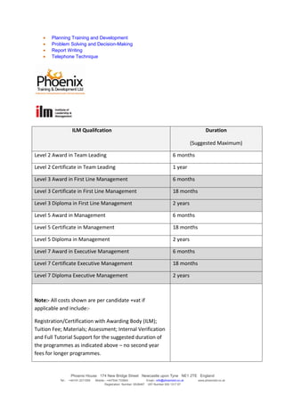 •   Planning Training and Development
   •   Problem Solving and Decision-Making
   •   Report Writing
   •   Telephone Technique




                     ILM Qualifcation                                                                         Duration

                                                                                                       (Suggested Maximum)

Level 2 Award in Team Leading                                                               6 months

Level 2 Certificate in Team Leading                                                         1 year

Level 3 Award in First Line Management                                                      6 months

Level 3 Certificate in First Line Management                                                18 months

Level 3 Diploma in First Line Management                                                    2 years

Level 5 Award in Management                                                                 6 months

Level 5 Certificate in Management                                                           18 months

Level 5 Diploma in Management                                                               2 years

Level 7 Award in Executive Management                                                       6 months

Level 7 Certificate Executive Management                                                    18 months

Level 7 Diploma Executive Management                                                        2 years



Note:- All costs shown are per candidate +vat if
applicable and include:-

Registration/Certification with Awarding Body (ILM);
Tuition Fee; Materials; Assessment; Internal Verification
and Full Tutorial Support for the suggested duration of
the programmes as indicated above – no second year
fees for longer programmes.


                    Phoenix House 174 New Bridge Street Newcastle upon Tyne NE1 2TE England
           Tel:-   +44191 2211559   Mobile:- +447504 733945             Email:- info@phoenixtd.co.uk     www.phoenixtd.co.uk
                                           Registration Number: 6538487 VAT Number 930 1317 67
 
