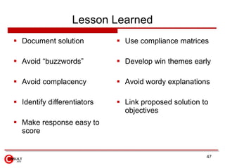 Lesson Learned <ul><li>Document solution </li></ul><ul><li>Avoid “buzzwords” </li></ul><ul><li>Avoid complacency </li></ul...