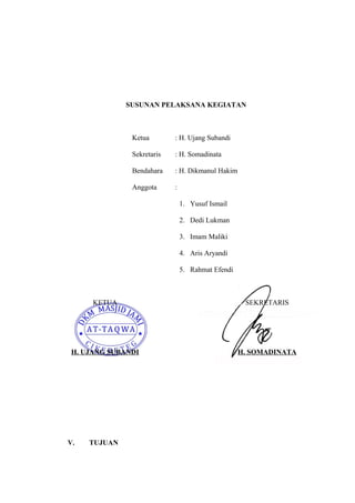 SUSUNAN PELAKSANA KEGIATAN 
Ketua : H. Ujang Subandi 
Sekretaris : H. Somadinata 
Bendahara : H. Dikmanul Hakim 
Anggota : 
1. Yusuf Ismail 
2. Dedi Lukman 
3. Imam Maliki 
4. Aris Aryandi 
5. Rahmat Efendi 
KETUA 
H. UJANG SUBANDI 
SEKRETARIS 
H. SOMADINATA 
V. TUJUAN 
 