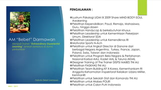AM “Bebet” Darmawan
Menjadi Trainer “Extraordinary Experiental
Learning” setelah berkarya di dunia
perbankan
MBG | 2015
Lustrum Psikologi UGM IX 2009 Share MIND-BODY-SOUL
Awakening
Pelatihan Kependidikan: Paud, Remaja, Mahasiswa,
Guru, hingga dosen
Pelatihan Handycap & berkebutuhan khusus
Pelatihan Leadership untuk Kementriaan Pekerjaan
Umum, Direktorat SDA
Pelatihan Leadership untuk Kemendiknas RI
Motivator Sports N-Ach
Pelatihan untuk tingkat Director di Danone dari
berbagai Negara Argentina, Turkey, France, Japan,
Poland, Swiss, Taiwan dan Indonesia
Pelatihan untuk Program Bela Negara & Pertahanan
Nasional Karbol AAU, Kadet AAL & Taruna AKMIL
Designer Training of The Trainer DISPSI MABES TNI AU
Pelatihan PASKHAS TNI AU
Pelatihan Team Building KF X-Korea, Kemenhankam RI
Anggota Kehormatan Inspektorat Kelaikan Udara Militer,
KemhanRI
Pelatihan untuk Sekolah Staf dan Komando TNI AU
Pelatihan untuk Mabes POLRI
Pelatihan untuk Calon Putri Indonesia
PENGALAMAN :
Profil AM "Bebet" Darmawan
 