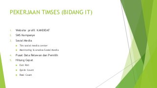 PEKERJAAN TIMSES (BIDANG IT)
1. Website profil KANDIDAT
2. SMS Kampanye
3. Sosial Media
 Tim sosial media center
 Monitoring & analisa Sosial Media
4. Pusat Data Relawan dan Pemilih
5. Hitung Cepat
 Exit Poll
 Quick Count
 Real Count
 