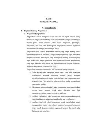 BAB II
TINJAUAN PUSTAKA

A. Telaah Pustaka
1. Tinjauan Tentang Pengetahuan
a. Pengertian Pengetahuan
Pengetahuan adalah merupakan hasil tahu dan ini terjadi setelah orang
melakukan penginderaan terhadap suatu objek tertentu. Penginderaan terjadi
melalui panca indera manusia yakni indera pengalihan, pendengar,
penciuman, rasa dan raba. Sebahagiaan pengetahuan manusia diperoleh
melalui mata dan telinga (Notoatmodjo, 2002).
Pengetahuan atau kognitif merupakan domain yang sangat penting untuk
terbentuknya tindakan seseorang. Pengukuran pengetahuan dapat dilakukan
dengan wawancara atau angket yang menanyakan tentang isi materi yang
ingin diukur dari subyek penelitian atau responden kedalam pengetahuan
yang ingin diketahui atau diukur dan dapat disesuaikan dengan tingkatantingkatan pengetahuan (Notoatmodjo, 2002).
Pengetahuan menurut Notoatmodjo 2002 mencakup 6 tingkatan yaitu :
1) Tahu (know) yakni mengingat suatu materi yang telah dipelajari
sebelumnya,

termasuk

mengingat

kembali

(recall)

terhadap

spesifikasi dari seluruh badan yang dipelajari atau rangsangan yang
telah diterima. Oleh sebab itu tahu merupakan tingkat pengetahuan
yang paling rendah.
2) Memahami (chomprehention) yakni kemampuan untuk menjelaskan
secara

benar

tentang

obyek

yang

diketahui

dan

dapt

menginterpretasikan materi tersebut secara benar.
3) Aplikasi (Aplication) yakni kemampuan untuk menggunakan materi
yang dipelajarinya pada situasi atau kondisi real (sebelumnya).
4) Analisa (Analysis) yakni kemampuan untuk menjabarkan untuk
menggunakan materi atau obyek kedalam komponen-komponen
tetapi masih didalam struktur organisasi tersebut dan masih ada
kaitannya satu sama lain.

 