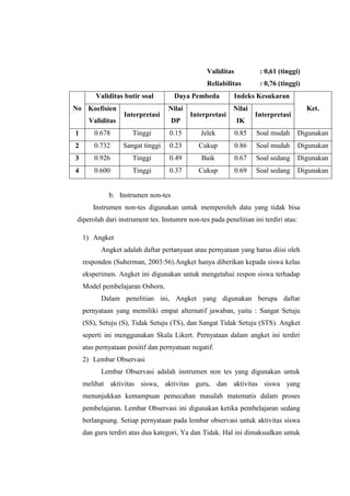 Validitas : 0,61 (tinggi)
Reliabilitas : 0,76 (tinggi)
No
Validitas butir soal Daya Pembeda Indeks Kesukaran
Ket.Koefisien
Validitas
Interpretasi
Nilai
DP
Interpretasi
Nilai
IK
Interpretasi
1 0.678 Tinggi 0.15 Jelek 0.85 Soal mudah Digunakan
2 0.732 Sangat tinggi 0.23 Cukup 0.86 Soal mudah Digunakan
3 0.926 Tinggi 0.49 Baik 0.67 Soal sedang Digunakan
4 0.600 Tinggi 0.37 Cukup 0.69 Soal sedang Digunakan
b. Instrumen non-tes
Instrumen non-tes digunakan untuk memperoleh data yang tidak bisa
diperolah dari instrument tes. Instumrn non-tes pada penelitian ini terdiri atas:
1) Angket
Angket adalah daftar pertanyaan atau pernyataan yang harus diisi oleh
responden (Suherman, 2003:56).Angket hanya diberikan kepada siswa kelas
eksperimen. Angket ini digunakan untuk mengetahui respon siswa terhadap
Model pembelajaran Osborn.
Dalam penelitian ini, Angket yang digunakan berupa daftar
pernyataan yang memiliki empat alternatif jawaban, yaitu : Sangat Setuju
(SS), Setuju (S), Tidak Setuju (TS), dan Sangat Tidak Setuju (STS). Angket
seperti ini menggunakan Skala Likert. Pernyataan dalam angket ini terdiri
atas pernyataan positif dan pernyataan negatif.
2) Lembar Observasi
Lembar Observasi adalah instrumen non tes yang digunakan untuk
melihat aktivitas siswa, aktivitas guru, dan aktivitas siswa yang
menunjukkan kemampuan pemecahan masalah matematis dalam proses
pembelajaran. Lembar Observasi ini digunakan ketika pembelajaran sedang
berlangsung. Setiap pernyataan pada lembar observasi untuk aktivitas siswa
dan guru terdiri atas dua kategori, Ya dan Tidak. Hal ini dimaksudkan untuk
 