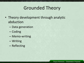 Grounded Theory
• Theory development through analytic
  abduction
  – Data generation
  – Coding
  – Memo-writing
  – Writing
  – Reflecting
 