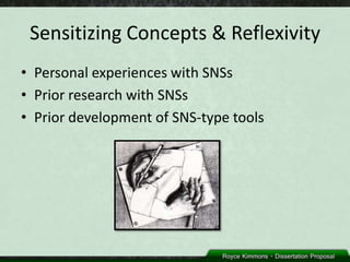 Sensitizing Concepts & Reflexivity
• Personal experiences with SNSs
• Prior research with SNSs
• Prior development of SNS-type tools
 