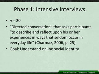 Phase 1: Intensive Interviews
• n = 20
• “Directed conversation” that asks participants
  “to describe and reflect upon his or her
  experiences in ways that seldom occur in
  everyday life” (Charmaz, 2006, p. 25).
• Goal: Understand online social identity
 