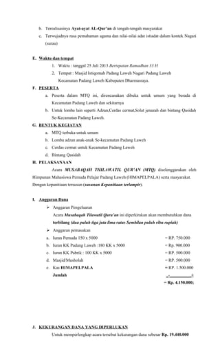 b. Terealisasinya Ayat-ayat AL-Qur’an di tengah-tengah masyarakat
c. Terwujudnya rasa pemahaman agama dan nilai-nilai adat istiadat dalam kontek Nagari
(surau)
E. Waktu dan tempat
1. Waktu : tanggal 25 Juli 2013 Bertepatan Ramadhan 33 H
2. Tempat : Masjid Istiqomah Padang Laweh Nagari Padang Laweh
Kecamatan Padang Laweh Kabupaten Dharmasraya.
F. PESERTA
a. Peserta dalam MTQ ini, direncanakan dibuka untuk umum yang berada di
Kecamatan Padang Laweh dan sekitarnya
b. Untuk lomba lain seperti Adzan,Cerdas cermat,Solat jenazah dan bintang Qasidah
Se-Kecamatan Padang Laweh.
G. BENTUK KEGIATAN
a. MTQ terbuka untuk umum
b. Lomba adzan anak-anak Se-kecamatan Padang Laweh
c. Cerdas cermat untuk Kecamatan Padang Laweh
d. Bintang Qasidah
H. PELAKSANAAN
Acara MUSABAQAH THILAWATIL QUR’AN (MTQ) diselenggarakan oleh
Himpunan Mahasiswa Pemuda Pelajar Padang Laweh (HIMAPELPALA) serta masyarakat.
Dengan kepanitiaan tersusun (susunan Kepanitiaan terlampir).
I. Anggaran Dana
 Anggaran Pengeluaran
Acara Musabaqah Tilawatil Qura’an ini diperkirakan akan membutuhkan dana
terbilang (dua puluh tiga juta lima ratus Sembilan puluh ribu rupiah)
 Anggaran pemasukan
a. Iuran Pemuda 150 x 5000 = RP. 750.000
b. Iuran KK Padang Laweh :180 KK x 5000 = Rp. 900.000
c. Iuran KK Pabrik : 100 KK x 5000 = RP. 500.000
d. Masjid/Musholah = RP. 500.000
e. Kas HIMAPELPALA = RP. 1.500.000
Jumlah _-__________+
= Rp. 4.150.000;
J. KEKURANGAN DANA YANG DIPERLUKAN
Untuk memperlengkap acara tersebut kekurangan dana sebesar Rp. 19.440.000
 