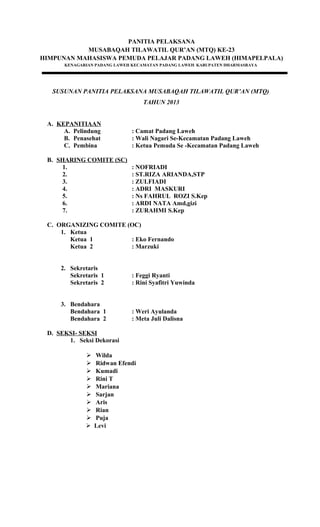 PANITIA PELAKSANA
MUSABAQAH TILAWATIL QUR’AN (MTQ) KE-23
HIMPUNAN MAHASISWA PEMUDA PELAJAR PADANG LAWEH (HIMAPELPALA)
KENAGARIAN PADANG LAWEH KECAMATAN PADANG LAWEH KABUPATEN DHARMASRAYA
SUSUNAN PANITIA PELAKSANA MUSABAQAH TILAWATIL QUR’AN (MTQ)
TAHUN 2013
A. KEPANITIAAN
A. Pelindung : Camat Padang Laweh
B. Penasehat : Wali Nagari Se-Kecamatan Padang Laweh
C. Pembina : Ketua Pemuda Se -Kecamatan Padang Laweh
B. SHARING COMITE (SC)
1. : NOFRIADI
2. : ST.RIZA ARIANDA,STP
3. : ZULFIADI
4. : ADRI MASKURI
5. : Ns FAHRUL ROZI S.Kep
6. : ARDI NATA Amd,gizi
7. : ZURAHMI S.Kep
C. ORGANIZING COMITE (OC)
1. Ketua
Ketua 1 : Eko Fernando
Ketua 2 : Marzuki
2. Sekretaris
Sekretaris 1 : Feggi Ryanti
Sekretaris 2 : Rini Syafitri Yuwinda
3. Bendahara
Bendahara 1 : Weri Ayulanda
Bendahara 2 : Meta Juli Dalisna
D. SEKSI- SEKSI
1. Seksi Dekorasi
 Wilda
 Ridwan Efendi
 Kumadi
 Rini T
 Mariana
 Sarjan
 Aris
 Rian
 Puja
 Levi
 