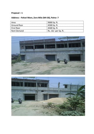 Proposal – 1

Address: - Pahari More, Zero Mile (NH-30), Patna- 7

Area                                   9000 Sq. ft.
Ground floor                           4500 Sq. ft.
First floor                            4500 Sq. ft.
Rent Demand                            Rs. 16/- per Sq. ft.
 