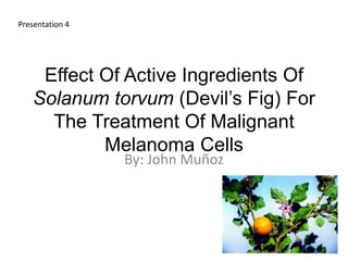 Presentation 4




     Effect Of Active Ingredients Of
    Solanum torvum (Devil’s Fig) For
      The Treatment Of Malignant
            Melanoma Cells
                 By: John Muñoz
 