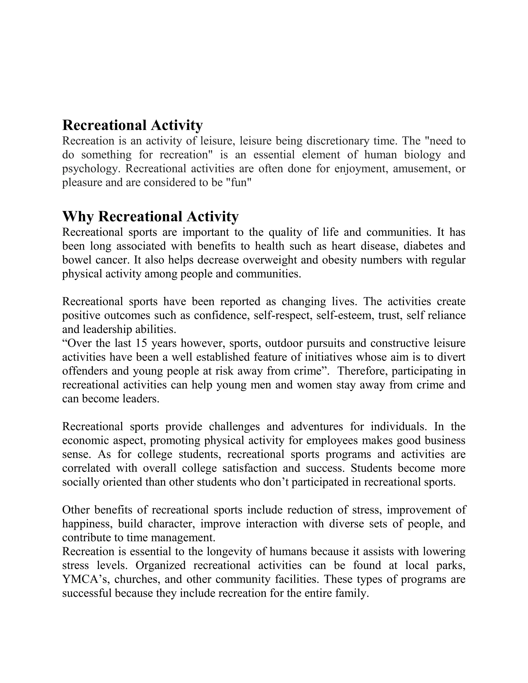 Activity Proposal Rationale Proposal on recreational activity center | DOCX