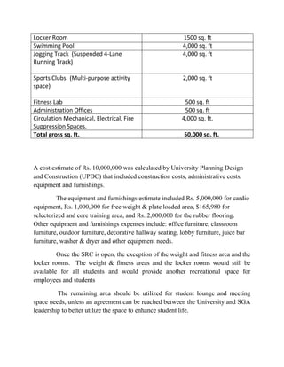 Locker Room 1500 sq. ft
Swimming Pool 4,000 sq. ft
Jogging Track (Suspended 4-Lane
Running Track)
4,000 sq. ft
Sports Clubs (Multi-purpose activity
space)
2,000 sq. ft
Fitness Lab 500 sq. ft
Administration Offices 500 sq. ft
Circulation Mechanical, Electrical, Fire
Suppression Spaces.
4,000 sq. ft.
Total gross sq. ft. 50,000 sq. ft.
A cost estimate of Rs. 10,000,000 was calculated by University Planning Design
and Construction (UPDC) that included construction costs, administrative costs,
equipment and furnishings.
The equipment and furnishings estimate included Rs. 5,000,000 for cardio
equipment, Rs. 1,000,000 for free weight & plate loaded area, $165,980 for
selectorized and core training area, and Rs. 2,000,000 for the rubber flooring.
Other equipment and furnishings expenses include: office furniture, classroom
furniture, outdoor furniture, decorative hallway seating, lobby furniture, juice bar
furniture, washer & dryer and other equipment needs.
Once the SRC is open, the exception of the weight and fitness area and the
locker rooms. The weight & fitness areas and the locker rooms would still be
available for all students and would provide another recreational space for
employees and students
The remaining area should be utilized for student lounge and meeting
space needs, unless an agreement can be reached between the University and SGA
leadership to better utilize the space to enhance student life.
 