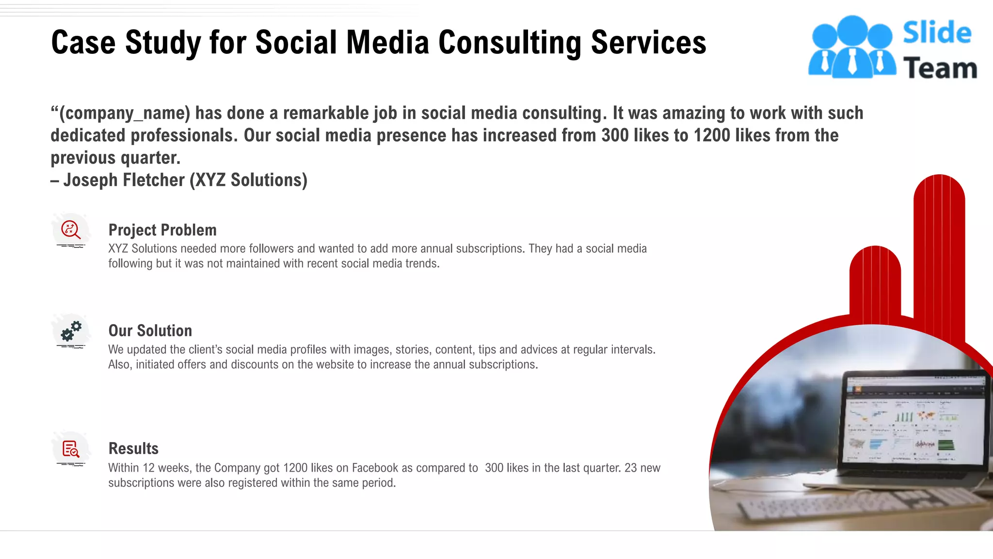 Case Study for Social Media Consulting Services
23
“(company_name) has done a remarkable job in social media consulting. It was amazing to work with such
dedicated professionals. Our social media presence has increased from 300 likes to 1200 likes from the
previous quarter.
– Joseph Fletcher (XYZ Solutions)
Results
Within 12 weeks, the Company got 1200 likes on Facebook as compared to 300 likes in the last quarter. 23 new
subscriptions were also registered within the same period.
We updated the client’s social media profiles with images, stories, content, tips and advices at regular intervals.
Also, initiated offers and discounts on the website to increase the annual subscriptions.
Our Solution
XYZ Solutions needed more followers and wanted to add more annual subscriptions. They had a social media
following but it was not maintained with recent social media trends.
Project Problem
 