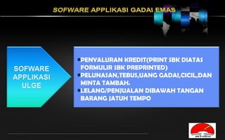 PENYALURAN KREDIT(PRINT SBK DIATAS
FORMULIR SBK PREPRINTED)
PELUNASAN,TEBUS,UANG GADAI,CICIL,DAN
MINTA TAMBAH.
LELANG/PENJUALAN DIBAWAH TANGAN
BARANG JATUH TEMPO




                               LOGO
 