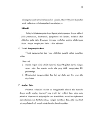 16




   ketika guru sudah selesai melaksanakan kegiatan. Hasil refleksi ini digunakan
   untuk melakukan perbaikan pada siklus selanjutnya.

   Siklus II

           Tahap ini dilakukan pada siklus II pada prinsipnya sama dengan siklus I,
   yaitu perencanaan, pelaksanaan, pengamatan dan refleksi. Tindakan akan
   dilakukan pada siklus II dengan beberapa perubahan analisis refleksi pada
   siklus I dengan harapan pada siklus II akan lebih baik.

E. Teknik Pengumpulan Data

           Teknik pengumpulan data yang dilakukan peneliti dalam penelitian
 adalah:

 1. Observasi
   a.      melihat respon siswa setelah menerima buku PR apakah mereka mengisi
           secara rutin dan apakah masih ada yang tidak mengerjakan PR.
           prosedurnya.
   b.      Dokumentasi mengumpulkan data dari guru kelas dan foto siswa jika
           diperlukan.


F. Analisis Data

           Penelitian Tindakan Sekolah ini menggunakan analisis data kualitatif
 dengan model analisis interaktif yang terdiri dari reduksi data, sajian data,
 penarikan simpulan dan pengumpulan data. Reduksi data berarti merangkum dan
 memfokuskan pada hal-hal penting. Dengan mereduksi data, data yang telah
 terkumpul akan lebih mudah untuk dianalisa dan disimpulkan.
 