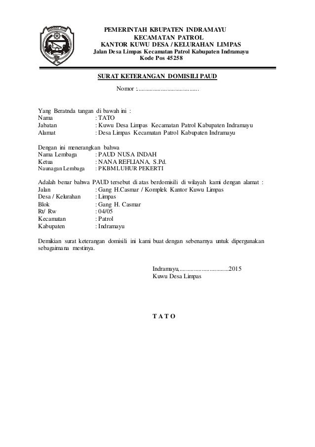 Contoh Surat Keterangan Domisili Lembaga Paud