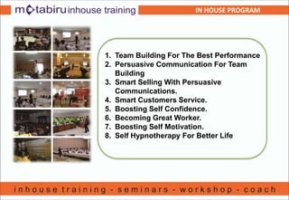 1. Team Building For The Best Performance
2. Persuasive Communication For Team
Building
3. Smart Selling With Persuasive
Communications.
4. Smart Customers Service.
5. Boosting Self Confidence.
6. Becoming Great Worker.
7. Boosting Self Motivation.
8. Self Hypnotherapy For Better Life
IN HOUSE PROGRAM
 