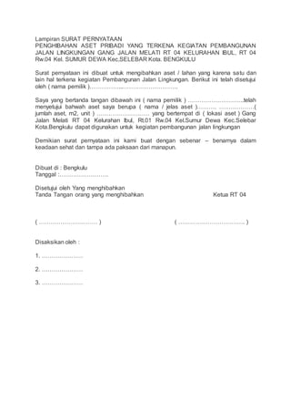 Lampiran SURAT PERNYATAAN
PENGHIBAHAN ASET PRIBADI YANG TERKENA KEGIATAN PEMBANGUNAN
JALAN LINGKUNGAN GANG JALAN MELATI RT 04 KELURAHAN IBUL, RT 04
Rw.04 Kel. SUMUR DEWA Kec,SELEBAR Kota. BENGKULU
Surat pernyataan ini dibuat untuk mengibahkan aset / lahan yang karena satu dan
lain hal terkena kegiatan Pembangunan Jalan Lingkungan. Berikut ini telah disetujui
oleh ( nama pemilik )……………...……………………….
Saya yang bertanda tangan dibawah ini ( nama pemilik ) ………………………..telah
menyetujui bahwah aset saya berupa ( nama / jelas aset )………. ………………(
jumlah aset, m2, unit ) ……………………… yang bertempat di ( lokasi aset ) Gang
Jalan Melati RT 04 Kelurahan Ibul, Rt.01 Rw.04 Kel.Sumur Dewa Kec.Selebar
Kota.Bengkulu dapat digunakan untuk kegiatan pembangunan jalan lingkungan
Demikian surat pernyataan ini kami buat dengan sebenar – benarnya dalam
keadaan sehat dan tampa ada paksaan dari manapun.
Dibuat di : Bengkulu
Tanggal :…………………….
Disetujui oleh Yang menghibahkan
Tanda Tangan orang yang menghibahkan Ketua RT 04
( ………………………… ) ( ……………………………. )
Disaksikan oleh :
1. …………………
2. …………………
3. …………………
 