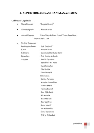 | PROPOSAL
4. ASPEK ORGANISASI DAN MANAJEMEN
4.1 Struktur Organisasi
Nama Koperasi :”Remaja Berseri”
Nama Pimpinan : Adriel Valiant
Alamat Koperasi :Ruko Niaga Kalimas Bekasi Timur, Jawa Barat
Telp: (021)8813366
Struktur Organisasi
Penanggung Jawab : Bpk. Dodi Arif
Ketua : Adriel Valiant
Sekretaris : Yosephine Marchelly Herin
Bendahara : Zola Annisa Ardhanie
Anggota : Amelia Pujaastuti
Bena Nur Setia Putra
Dewi Ratna Sari
Dita Sinthia
Fahmi Reza M
Inna Annisa
Kartika Purnama
Maudine Hasna Dhea
Monica Shella
Neneng Badriah
Regi Aldo Putri
Ria Komala
Rili Oktaviani
Rosyida Dewi
Sintia Indah P
Siti Mahmudah
Satria Dewantara
Wahyu Wulandari
 