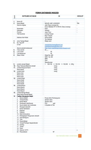 WANGI 3
FORM DATABASE MASJID
N
O
INSTRUMEN DATABASE ISI CECKLIST
1. Nomor ID : - -
2. Nama Masjid : TBA
Alamat Lengkap : Jalan Raya Junwangi No.
Dusun Babadan RT.12 RW.04, Desa Junwangi
-
Kecamatan : Krian -
Kabupaten : Sidoarjo -
Provinsi : Jawa Timur -
Titik Koordinat : Lintang Tempat
: Bujur Tempat
Kalibrasi Arah Kiblat : Azimut Kiblat
: Tgl. Kalibrasi
3. Jenis Tipologi Masjid :
4. No. Telp./HP :
E-mail : masjiddesajunwangi@gmail.com
masjiddesjunwangi@yahoo.com
Alamat website/mediasosial : https://www.masjiddesajunwangi.blogspot.com/
5. Tahun berdiri : 20___
6. Luas Tanah : M2
7. Luas Bangunan : M2
8. Status Tanah : Wakaf No. AIW
: SHM No. SW
: BMN
: Girik
: Sewa/Kontrak
9. Jumlah Jamaah Masjid : 1. 500-100 2. 100-150 3. 150-200 4. 200>
10. Daya Tampung Maksimal Jamaah : orang
11. Jumlah Pengurus/Takmir : orang
Nama Ketua : orang
12. Jumlah Imam : orang
Nama imam :
Nama imam :
Nama imam :
13. Jumlah Khatib :
Nama Khatib :
Nama Khatib :
Nama Khatib :
14. Jumlah Muazin :
Nama Muazin :
Nama Muazin :
Nama Muazin :
15. Jumlah Remaja Masjid :
Nama Ketua Remaja Masjid :
16 Fasilitas Kelengkapan Masjid
1. Sarana Ibadah : Proses Akhir Pembangunan
2. Tempat Wudhu : Sanitair Utara
3. Kamar Mandi : Sanitair Utara
4. Pembangit Listik/Genset : PLN watt
5. Sound system dan multimedia : 2 Amplifier & TOA
6. Penyejuk Udara/AC :
7. Kantor Sekretariat :
8. Koperasi :
9. Poliklinik :
10. Mobil Ambuulance :
11. Perlengkapan Pengurusan Jenazah :
12. Aula Serbaguna :
13. Toko :
14. Ruang Belajar :
15. Tempat Penitipan Sepatu/Sandal :
16. Gudang :
17. Taman :
18. Parkir :
19. Internet / CCTV : v
20. Perpustakaan : M2
 