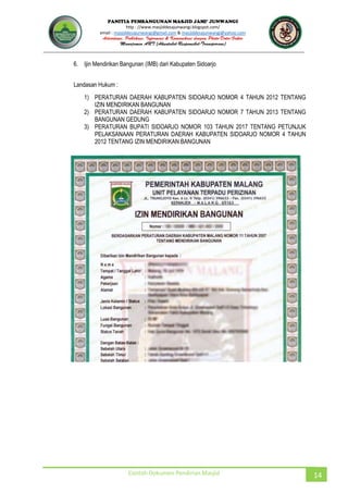 JUNWANGI
http : //www.masjiddesajunwangi.blogspot.com/
email : masjiddesajunwangi@gmail.com & masjiddesajunwangi@yahoo.com
Contoh Dokumen Pendirian Masjid 14
6. Ijin Mendirikan Bangunan (IMB) dari Kabupaten Sidoarjo
Landasan Hukum :
1) PERATURAN DAERAH KABUPATEN SIDOARJO NOMOR 4 TAHUN 2012 TENTANG
IZIN MENDIRIKAN BANGUNAN
2) PERATURAN DAERAH KABUPATEN SIDOARJO NOMOR 7 TAHUN 2013 TENTANG
BANGUNAN GEDUNG
3) PERATURAN BUPATI SIDOARJO NOMOR 103 TAHUN 2017 TENTANG PETUNJUK
PELAKSANAAN PERATURAN DAERAH KABUPATEN SIDOARJO NOMOR 4 TAHUN
2012 TENTANG IZIN MENDIRIKAN BANGUNAN
 