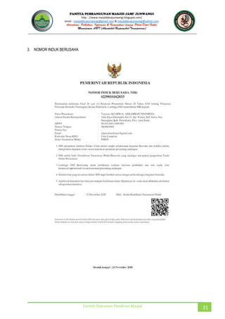 JUNWANGI
http : //www.masjiddesajunwangi.blogspot.com/
email : masjiddesajunwangi@gmail.com & masjiddesajunwangi@yahoo.com
Contoh Dokumen Pendirian Masjid 21
3. NOMOR INDUK BERUSAHA
 