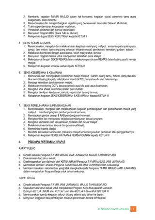 JUNWANGI 9
2.
keagamaan, acara tertentu;
3. Merencanakan dan mengembangkan kegiatan yang berwawasan Islam dan Dakwah Muslimah;
4. Training pembentukan kecerdasan muslimah;
5. Penataran, pelatihan dan kursus kewanitaan;
6.
7. Melaporkan tugas SEKSI KEPUTRIAN kepada KETUA II
8. SEKSI SOSIAL & USAHA
1. Merencanakan, mengatur dan melaksanakan kegiatan sosial yang meliputi : santunan pada yatim piatu,
jompo, fakir miskin, dan orang yang terlantar; khitanan masal; pernikahan; kematian; qurban / aqiqah.
2. at; donatur
3. Menyusun Program Usaha untuk memperoleh tambahan dana Masjid;.
4. Bekerjasama dengan SEKSI REMAS dalam melakukan pembinaan REMAS dalam bidang usaha remaja
masjid;
5. Melaporkan kegiatan social & usaha kepada KETUA III
6. SEKSI KEBERSIHAN & KEAMANAN
1. Memelihara dan meningkatkan kebersihan masjid meliputi : kantor, ruang tamu, mihrab, perpustakaan,
tikar sembahyang (karpet), toilet (kamar mandi & WC), tempat wudlu dan halamannya;
2. Menjaga ketertiban dan keamanan masjid;
3. Melakukan monitoring CCTV secara periodik atau bila ada kasus keamanan;
4. Mengatur shaf shalat, ketertiban shalat, dan khutbah;
5. Mengatur penitipan kendaraan, sandal, sepatu dan barang lainnya;
6. Melaporkan kegiatan SEKSI KEBERSIHAN & KEAMANAN kepada KETUA III
7. SEKSI PEMELIHARAAN & PEMBANGUNAN
1. Merencanakan, mengatur dan melaksanakan kegiatan pembangunan dan pemeliharaan masjid yang
meliputi : membuat program pembangunan & renovasi,
2. Menyiapkan gambar design & RAB pembangunan/renovasi;
3. Mengkoordinir dan mengawasi kegiatan pembangunan sesuai program;
4. Mengatur keindahan dan kenyamanan di dalam dan di luar masjid;
5. Melakukan inventarisasi sarana dan prasarana Masjid;
6. Memelihara Assets Masjid;
7. Mendata kerusakan sarana dan prasarana masjid serta mengusulkan perbaikan atau penggantiannya;
8. Melaporkan kegiatan PEMELIHATAAN & PEMBANGUNAN kepada KETUA III
II. PEDOMAN PERTEMUAN / RAPAT
RAPAT PLENO
a.
b. Dilaksanakan tiap tahun sekali;
c. Diselenggarakan dan dipimpin oleh KETUA UMUM Pengurus T
d.
e.
dalam menjabarkan Program Kerja untuk tahun berikutnya.
RAPAT KERJA
a.
b.
c. Dipimpin KETUA UMUM atau KETUA 1 dan atau KETUA II dana ATAU KETUA III
d. Merencanakan agenda kegiatan seluruh bidang selama satu tahun ke depan;
e. Menyusun anggaran baik pembiayaan maupun penerimaan secara terintegrasi.
 