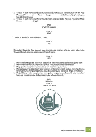DRAT AD-
3
2. Yayasan ini telah memperoleh Badan Hukum sesuai Surat Keputusan Menteri Hukum dan Hak Azazi
Manusia AHU-0006953.ah.01.04.Tahun 2020 tanggal 17 April 2020 dan berlaku untuk jangka waktu yang
tidak ditentukan lamanya
3. Yayasan ini telah memperoleh Nomor Induk Berusaha (NIB) dari Badan Koodinasi Penanaman Modal
Nomor : 0220108402519 tanggal 21 April 2020
BAB II
AZAS, VISI DAN MISI
Pasal 3
AZAS
Yayasan ini berazaskan : Pancasila dan UUD 1945
Pasal 4
VISI
Mewujudkan Masyarakat Desa Junwangi yang berahlak mulia, sejahtera lahir dan bathin dalam ikatan
Pasal 5
MISI
1. Islam;
2. Memberikan pelayanan untuk keperluan-keperluan social, keagamaan dan kemanusiaan;
3.
4. -kajian keislaman, terutama menyangkut; terutama menyangkut isu-isu
5.
khuwah Islamiyah.
BAB I
LAMBANG
Pasal 6
LAMBANG YAYASAN
 