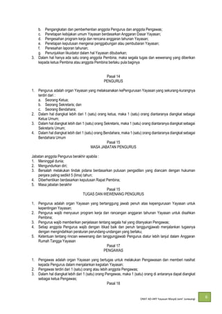 DRAT AD-
6
b. Pengangkatan dan pemberhentian anggota Pengurus dan anggota Pengawas;
c. Penetapan kebijakan umum Yayasan berdasarkan Anggaran Dasar Yayasan;
d. Pengesahan program kerja dan rencana anggaran tahunan Yayasan;
e. Penetapan keputusan mengenai penggabungan atau pembubaran Yayasan;
f. Penesahan laporan tahunan;
g. Penunjukkan likuidator dalam hal Yayasan dibubarkan;
3. Dalam hal hanya ada satu orang anggota Pembina, maka segala tugas dan wewenang yang diberikan
kepada ketua Pembina atau anggota Pembina berlaku pula baginya
Pasal 14
PENGURUS
1. Pengurus adalah organ Yayasan yang melaksanakan kePengurusan Yayasan yang sekurang-kurangnya
terdiri dari :
a. Seorang Ketua;
b. Seorang Sekretaris; dan
c. Seorang Bendahara;
2. Dalam hal diangkat lebih dari 1 (satu) orang ketua, maka 1 (satu) orang diantaranya diangkat sebagai
Ketua Umum;
3. Dalam hal diangkat lebih dari 1 (satu) orang Sekretaris, maka 1 (satu) orang diantaranya diangkat sebagai
Sekretaris Umum;
4. Dalam hal diangkat lebih dari 1 (satu) orang Bendahara, maka 1 (satu) orang diantaranya diangkat sebagai
Bendahara Umum
Pasal 15
MASA JABATAN PENGURUS
Jabatan anggota Pengurus berakhir apabila :
1. Meninggal dunia;
2. Mengundurkan diri;
3. Bersalah melakukan tindak pidana berdasarkan putusan pengadilan yang diancam dengan hukuman
penjara paling sedikit 5 (lima) tahun;
4. Diberhentikan berdasarkan keputusan Rapat Pembina;
5. Masa jabatan berakhir
Pasal 15
TUGAS DAN WEWENANG PENGURUS
1. Pengurus adalah organ Yayasan yang bertanggung jawab penuh atas kepengurusan Yayasan untuk
kepentingan Yayasan;
2. Pengurus wajib menyusun program kerja dan rancangan anggaran tahunan Yayasan untuk disahkan
Pembina;
3. Pengurus wajib memberikan penjelasan tentang segala hal yang ditanyakan Pengawas;
4. Setiap anggota Pengurus wajib dengan itikad baik dan penuh tanggungjawab menjalankan tugasnya
dengan mengindahkan peraturan perundang-undangan yang berlaku;
5. Ketentuan tentang rincian wewenang dan tanggungjawab Pengurus diatur lebih lanjut dalam Anggaran
Rumah Tangga Yayasan
Pasal 17
PENGAWAS
1. Pengawas adalah organ Yayasan yang bertugas untuk melakukan Pengawasan dan memberi nasihat
kepada Pengurus dalam menjalankan kegiatan Yayasan;
2. Pengawas terdiri dari 1 (satu) orang atau lebih anggota Pengawas;
3. Dalam hal diangkat lebih dari 1 (satu) orang Pengawas, maka 1 (satu) orang di antaranya dapat diangkat
sebagai ketua Pengawas;
Pasal 18
 