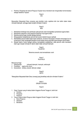 DRAT AD-
12
2. Pembina, Pengawas dan seluruh Pengurus Yayasan harus memahami dan mengamalkan hal-hal tersebut
sebagai idealisme Yayasan
Pasal 4
VISI
Mewujudkan Masyarakat Desa Junwangi yang berahlak mulia, sejahtera lahir dan bathin dalam ikatan
Pasal 5
MISI
1.
2. Memberikan pelayanan untuk keperluan-keperluan ritual agama Islam;
3.
4.
5. -kajian keislaman, terutama menyangkut; terutama menyangkut isu-isu
kontemporer
6.
Pasal 6
FALSAFAH
Menerima amanah untuk kemaslahatan umah
Pasal 7
NILAI-NILAI
Menjunjung tinggi :
1. Kebersamaan : ukhuwah Islamiyah, insaniyah, wathoniyah
2. Pendidikan : agama dan umum;
3. Kemandirian : shiddiq, amanah, fathonah, tabligh
Pasal 8
MOTO
BAB IV
ORGAN YAYASAN
Pasal 9
1. Organ Yayasan yang di maksud dalam Anggaran Rumah Tangga ini, terdiri dari:
a. Pembina
b. Pengawas
c. Pengurus
2. Yang di maksud dalam Pengurus dalam Anggaran Rumah Tangga ini, terdiri dari:
a. Ketua Pengurus
b. Sekretaris
c. Bendahara
 