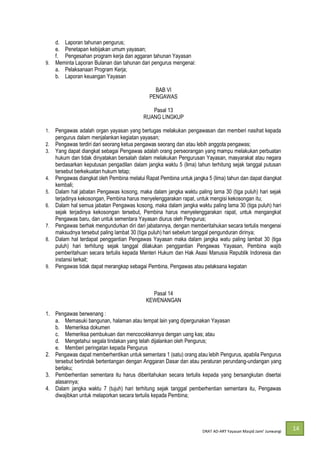 DRAT AD-
14
d. Laporan tahunan pengurus;
e. Penetapan kebijakan umum yayasan;
f. Pengesahan program kerja dan aggaran tahunan Yayasan
9. Meminta Laporan Bulanan dan tahunan dari pengurus mengenai:
a. Pelaksanaan Program Kerja;
b. Laporan keuangan Yayasan
BAB VI
PENGAWAS
Pasal 13
RUANG LINGKUP
1. Pengawas adalah organ yayasan yang bertugas melakukan pengawasan dan memberi nasihat kepada
pengurus dalam menjalankan kegiatan yayasan;
2. Pengawas terdiri dari seorang ketua pengawas seorang dan atau lebih anggota pengawas;
3. Yang dapat diangkat sebagai Pengawas adalah orang perseorangan yang mampu melakukan perbuatan
hukum dan tidak dinyatakan bersalah dalam melakukan Pengurusan Yayasan, masyarakat atau negara
berdasarkan keputusan pengadilan dalam jangka waktu 5 (lima) tahun terhitung sejak tanggal putusan
tersebut berkekuatan hukum tetap;
4. Pengawas diangkat oleh Pembina melalui Rapat Pembina untuk jangka 5 (lima) tahun dan dapat diangkat
kembali;
5. Dalam hal jabatan Pengawas kosong, maka dalam jangka waktu paling lama 30 (tiga puluh) hari sejak
terjadinya kekosongan, Pembina harus menyelenggarakan rapat, untuk mengisi kekosongan itu;
6. Dalam hal semua jabatan Pengawas kosong, maka dalam jangka waktu paling lama 30 (tiga puluh) hari
sejak terjadinya kekosongan tersebut, Pembina harus menyelenggarakan rapat, untuk mengangkat
Pengawas baru, dan untuk sementara Yayasan diurus oleh Pengurus;
7. Pengawas berhak mengundurkan diri dari jabatannya, dengan memberitahukan secara tertulis mengenai
maksudnya tersebut paling lambat 30 (tiga puluh) hari sebelum tanggal pengunduran dirinya;
8. Dalam hal terdapat penggantian Pengawas Yayasan maka dalam jangka watu paling lambat 30 (tiga
puluh) hari terhitung sejak tanggal dilakukan penggantian Pengawas Yayasan, Pembina wajib
pemberitahuan secara tertulis kepada Menteri Hukum dan Hak Asasi Manusia Republik Indonesia dan
instansi terkait;
9. Pengawas tidak dapat merangkap sebagai Pembina, Pengawas atau pelaksana kegiatan
Pasal 14
KEWENANGAN
1. Pengawas berwenang :
a. Memasuki bangunan, halaman atau tempat lain yang dipergunakan Yayasan
b. Memeriksa dokumen
c. Memeriksa pembukuan dan mencocokkannya dengan uang kas; atau
d. Mengetahui segala tindakan yang telah dijalankan oleh Pengurus;
e. Memberi peringatan kepada Pengurus
2. Pengawas dapat memberhentikan untuk sementara 1 (satu) orang atau lebih Pengurus, apabila Pengurus
tersebut bertindak bertentangan dengan Anggaran Dasar dan atau peraturan perundang-undangan yang
berlaku;
3. Pemberhentian sementara itu harus diberitahukan secara tertulis kepada yang bersangkutan disertai
alasannya;
4. Dalam jangka waktu 7 (tujuh) hari terhitung sejak tanggal pemberhentian sementara itu, Pengawas
diwajibkan untuk melaporkan secara tertulis kepada Pembina;
 