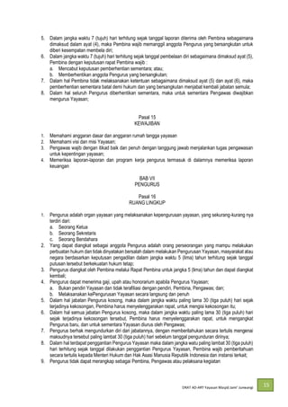 DRAT AD-
15
5. Dalam jangka waktu 7 (tujuh) hari terhitung sejak tanggal laporan diterima oleh Pembina sebagaimana
dimaksud dalam ayat (4), maka Pembina wajib memanggil anggota Pengurus yang bersangkutan untuk
diberi kesempatan membela diri;
6. Dalam jangka waktu 7 (tujuh) hari terhitung sejak tanggal pembelaan diri sebagaimana dimaksud ayat (5),
Pembina dengan keputusan rapat Pembina wajib :
a. Mencabut keputusan pemberhentian sementara; atau;
b. Memberhentikan anggota Pengurus yang bersangkutan;
7. Dalam hal Pembina tidak melaksanakan ketentuan sebagaimana dimaksud ayat (5) dan ayat (6), maka
pemberhentian sementara batal demi hukum dan yang bersangkutan menjabat kembali jabatan semula;
8. Dalam hal seluruh Pengurus diberhentikan sementara, maka untuk sementara Pengawas diwajibkan
mengurus Yayasan;
Pasal 15
KEWAJIBAN
1. Memahami anggaran dasar dan anggaran rumah tangga yayasan
2. Memahami visi dan misi Yayasan;
3. Pengawas wajib dengan itikad baik dan penuh dengan tanggung jawab menjalankan tugas pengawasan
untuk kepentingan yayasan;
4. Memeriksa laporan-laporan dan program kerja pengurus termasuk di dalamnya memeriksa laporan
keuangan
BAB VII
PENGURUS
Pasal 16
RUANG LINGKUP
1. Pengurus adalah organ yayasan yang melaksanakan kepengurusan yayasan, yang sekurang-kurang nya
terdiri dari:
a. Seorang Ketua
b. Seorang Sekretaris
c. Seorang Bendahara
2. Yang dapat diangkat sebagai anggota Pengurus adalah orang perseorangan yang mampu melakukan
perbuatan hukum dan tidak dinyatakan bersalah dalam melakukan Pengurusan Yayasan, masyarakat atau
negara berdasarkan keputusan pengadilan dalam jangka waktu 5 (lima) tahun terhitung sejak tanggal
putusan tersebut berkekuatan hukum tetap;
3. Pengurus diangkat oleh Pembina melalui Rapat Pembina untuk jangka 5 (lima) tahun dan dapat diangkat
kembali;
4. Pengurus dapat menerima gaji, upah atau honorarium apabila Pengurus Yayasan;
a. Bukan pendiri Yayasan dan tidak terafiliasi dengan pendiri, Pembina, Pengawas; dan;
b. Melaksanakan kePengurusan Yayasan secara langsung dan penuh
5. Dalam hal jabatan Pengurus kosong, maka dalam jangka waktu paling lama 30 (tiga puluh) hari sejak
terjadinya kekosongan, Pembina harus menyelenggarakan rapat, untuk mengisi kekosongan itu;
6. Dalam hal semua jabatan Pengurus kosong, maka dalam jangka waktu paling lama 30 (tiga puluh) hari
sejak terjadinya kekosongan tersebut, Pembina harus menyelenggarakan rapat, untuk mengangkat
Pengurus baru, dan untuk sementara Yayasan diurus oleh Pengawas;
7. Pengurus berhak mengundurkan diri dari jabatannya, dengan memberitahukan secara tertulis mengenai
maksudnya tersebut paling lambat 30 (tiga puluh) hari sebelum tanggal pengunduran dirinya;
8. Dalam hal terdapat penggantian Pengurus Yayasan maka dalam jangka watu paling lambat 30 (tiga puluh)
hari terhitung sejak tanggal dilakukan penggantian Pengurus Yayasan, Pembina wajib pemberitahuan
secara tertulis kepada Menteri Hukum dan Hak Asasi Manusia Republik Indonesia dan instansi terkait;
9. Pengurus tidak dapat merangkap sebagai Pembina, Pengawas atau pelaksana kegiatan
 