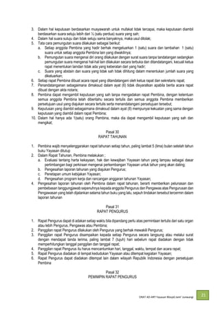 DRAT AD-
21
3. Dalam hal keputusan berdasarkan musyawarah untuk mufakat tidak tercapai, maka keputusan diambil
berdasarkan suara setuju lebih dari ½ (satu perdua) suara yang sah;
4. Dalam hal suara sutuju dan tidak setuju sama banyaknya, maka usul ditolak;
5. Tata cara pemungutan suara dilakukan sebagai berikut:
a. Setiap anggota Pembina yang hadir berhak mengeluarkan 1 (satu) suara dan tambahan 1 (satu)
suara untuk setiap anggota Pembina lain yang diwakilinya;
b. Pemungutan suara mengenai diri orang dilakukan dengan surat suara tanpa tandatangan sedangkan
pemungutan suara mengenai hal-hal lain dilakukan secara terbuka dan ditandatangani, kecuali ketua
rapat menentukan laindan tidak ada yang keberatan dari yang hadir;
c. Suara yang abstain dan suara yang tidak sah tidak dihitung dalam menentukan jumlah suara yang
dikeluarkan;
6. Setiap rapat Pembina dibuat acara rapat yang ditandatangani oleh ketua rapat dan sekretaris rapat;
7. Penandatanganan sebagaimana dimaksud dalam ayat (6) tidak disyaratkan apabila berita acara rapat
dibuat dengan akta notaris;
8. Pembina dapat mengambil keputusan yang sah tanpa mengadakan rapat Pembina, dengan ketentuan
semua anggota Pembina telah diberitahu secara tertulis dan semua anggota Pembina memberikan
persetujuan usul yang diajukan secara tertulis serta menandatangani persetujuan tersebut;
9. Keputusan yang diambil sebagaimana dimaksud dalam ayat (8) mempunyai kekuatan yang sama dengan
keputusan yang diambil dalam rapat Pembina;
10. Dalam hal hanya ada 1(satu) orang Pembina, maka dia dapat mengambil keputusan yang sah dan
mengikat;
Pasal 30
RAPAT TAHUNAN
1. Pembina wajib menyelenggarakan rapat tahunan setiap tahun, paling lambat 5 (lima) bulan setelah tahun
buku Yayasan ditutup
2. Dalam Rapat Tahunan, Pembina melakukan ;
a. Evaluasi tentang harta kekayaan, hak dan kewajiban Yayasan tahun yang lampau sebagai dasar
pertimbangan bagi perkiraan mengenai perkembangan Yayasan untuk tahun yang akan dating;
b. Pengesahan laporan tahunan yang diajukan Pengurus;
c. Penetapan umum kebijakan Yayasan;
d. Pengesahan program kerja dan rancangan anggaran tahunan Yayasan;
4. Pengesahan laporan tahunan oleh Pembina dalam rapat tahunan, berarti memberikan pelunasan dan
pembebasan tanggungjawab sepenuhnya kepada anggota Pengurus dan Pengawas atas Pengurusan dan
Pengawasan yang telah dijalankan selama tahun buku yang lalu, sejauh tindakan tersebut tercermin dalam
laporan tahunan
Pasal 31
RAPAT PENGURUS
1. Rapat Pengurus dapat di adakan setiap waktu bila dipandang perlu atas permintaan tertulis dari satu organ
atau lebih Pengurus, Pengawas atau Pembina;
2. Panggilan rapat Pengurus dilakukan oleh Pengurus yang berhak mewakili Pengurus;
3. Panggilan rapat Pengurus disampaikan kepada setiap Pengurus secara langsung atau melalui surat
dengan mendapat tanda terima, paling lambat 7 (tujuh) hari sebelum rapat diadakan dengan tidak
memperhitungkan tanggal panggilan dan tanggal rapat;
4. Panggilan rapat Pengurus itu harus mencantumkan hari, tanggal, waktu, tempat dan acara rapat;
5. Rapat Pengurus diadakan di tempat kedudukan Yayasan atau ditempat kegiatan Yayasan;
6. Rapat Pengurus dapat diadakan ditempat lain dalam wilayah Republik Indonesia dengan persetujuan
Pembina
Pasal 32
PEMIMPIN RAPAT PENGURUS
 
