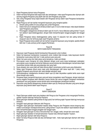 DRAT AD-
23
1. Rapat Pengawas dipimpin ketua Pengawas;
2. Dalam hal ketua Pengawas tidak dapat hadir atau berhalangan, maka rapat Pengawas akan dipimpin oleh
seorang anggota Pengawas yang dipilih oleh dan dari Pengawas yang hadir;
3. Satu orang Pengawas hanya dapat diwakili oleh Pengawas lainnya dalam rapat Pengawas berdasarkan
surat kuasa;
4. Rapat Pengurus sah dan berhak mengambil keputusan yang mengikat apabila :
a. Dihadiri paling sedikit 2/3 (dua pertiga) dari jumlah Pengawas;
b. Dalam hal kuorum sebagaimana dimaksud dalam ayat (1) huruf a tidak tercapai, maka dapat diadakan
rapat Pengawas yang kedua;
c. Pemanggilan sebagaimana dimaksud dalam ayat (4) huruf b, harus dilakukan paling lambat 7 (tujuh)
hari sebelum rapat diselenggarakan, dengan tidak memperhitungkan tanggal panggilan dan tanggal
rapat;
d. Rapat Pengawas kedua diselenggarakan paling cepat 10 (sepuluh) hari dan paling lambat 21
(duapuluh satu) hari terhitung sejak rapat Pengawas pertama;
e. Rapat Pengawas kedua adalah sah dan berhak mengambil keputusan yang mengikat, apabila dihadiri
lebih dari ½ (satu perdua) jumlah anggota Pembinaan;
Pasal 36
KEPUTUSAN RAPAT PENGAWAS
1. Keputusan rapat Pengawas diambil berdasarkan Musyawarah untuk mufakat;
2. Dalam hal keputusan berdasarkan musyawarah untuk mufakat tidak tercapai, maka keputusan diambil
berdasarkan suara setuju lebih dari ½ (satu perdua) suara yang sah;
3. Dalam hal suara sutuju dan tidak setuju sama banyaknya, maka usul ditolak;
4. Pemungutan suara mengenai diri orang dilakukan dengan surat suara tanpa tandatangan sedangkan
pemungutan suara mengenai hal-hal lain dilakukan secara terbuka dan ditandatangani, kecuali ketua rapat
menentukan laindan tidak ada yang keberatan dari yang hadir;
5. Suara absatain dan suara tidak sah tidak dihitung dalam menentukan jumlah suara yang dikeluarkan;
6. Setiap rapat Pengawas dibuat acara rapat yang ditandatangani oleh ketua rapat dan 1 (satu) orang
anggota Pengawas yang ditunjuk oleh rapat sebagai sekretaris rapat;
7. Penandatanganan sebagaimana dimaksud dalam ayat (6) tidak disyaratkan apabila berita acara rapat
dibuat dengan akta notaris;
8. Pengawas dapat mengambil keputusan yang sah tanpa mengadakan rapat Pengawas, dengan ketentuan
semua anggota Pengawas telah diberitahu secara tertulis dan semua anggota Pengawas memberikan
persetujuan usul yang diajukan secara tertulis serta menandatangani persetujuan tersebut;
9. Keputusan yang diambil sebagaimana dimaksud dalam ayat (8) mempunyai kekuatan yang sama dengan
keputusan yang diambil dalam rapat Pengurus
Pasal 37
RAPAT GABUNGAN
1. Rapat Gabungan adalah rapat yang diadakan oleh Pengurus dan Pengawas untuk mengangkat Pembina,
apabila Yayasan tidak lagi mempunyai Pembina;
2. Rapat gabungan diadakan paling lambat 30 (tiga puluh) hari terhitung sejak Yayasan tidak lagi mempunyai
Pembina;
3. Panggilan rapat gabungan dilakukan oleh Pengurus;
4. Panggilan rapat gabungan disampaikan kepada setiap Pengurus dan Pengawas secara langsung atau
melalui surat dengan mendapat tanda terima, paling lambat 7 (tujuh) hari sebelum rapat diadakan dengan
tidak memperhitungkan tanggal panggilan dan tanggal rapat;
5. Panggilan rapat gabungan itu harus mencantumkan hari, tanggal, waktu, tempat dan acara rapat;
6. Rapat gabungan diadakan di tempat kedudukan Yayasan atau ditempat kegiatan Yayasan;
7. Rapat gabungan dipimpin oleh ketua Pengurus;
8. Dalam hal ketua Pengurus tidak ada atau berhalangan hadir, maka rapat gabungan dipimpin oleh ketua
Pengawas;
 