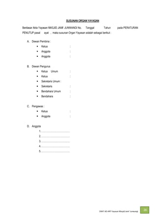 DRAT AD-
26
SUSUNAN ORGAN YAYASAN
16 Tanggal 17 April Tahun 2020 pada PERATURAN
PENUTUP pasal 43 ayat 2, maka susunan Organ Yayasan adalah sebagai berikut :
A. Dewan Pembina :
Ketua :
Anggota :
Anggota :
B. Dewan Pengurus
Ketua Umum :
Ketua :
Sekretaris Umum :
Sekretaris :
Bendahara Umum :
Bendahara :
C. Pengawas :
Ketua :
Anggota :
D. Anggota
1.
2.
3.
4.
5.
 
