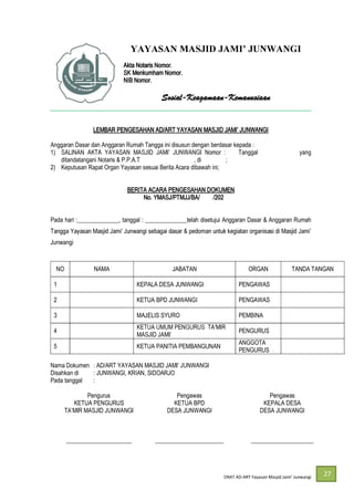 DRAT AD-
27
YAYASAN
Akta Notaris Nomor.
SK Menkumham Nomor.
NIB Nomor.
Sosial-Keagamaan-Kemanusiaan
Anggaran Dasar dan Anggaran Rumah Tangga ini disusun dengan berdasar kepada :
1) 16 Tanggal 17 April 2020 yang
ditandatangani Notaris & P.P.A.T Syaiful Rachman, SH., di Surabaya;
2) Keputusan Rapat Organ Yayasan sesuai Berita Acara dibawah ini;
BERITA ACARA PENGESAHAN DOKUMEN
No. YMASJ/PTMJJ/BA/ /202
Pada hari :______________, tanggal : ______________telah disetujui Anggaran Dasar & Anggaran Rumah
Junwangi
NO NAMA JABATAN ORGAN TANDA TANGAN
1 KEPALA DESA JUNWANGI PENGAWAS
2 KETUA BPD JUNWANGI PENGAWAS
3 MAJELIS SYURO PEMBINA
4 PENGURUS
5 KETUA PANITIA PEMBANGUNAN
ANGGOTA
PENGURUS
Nama Dokumen : AD/ART YAYASAN
Disahkan di : JUNWANGI, KRIAN, SIDOARJO
Pada tanggal :
Pengurus
KETUA PENGURUS
Pengawas
KETUA BPD
DESA JUNWANGI
Pengawas
KEPALA DESA
DESA JUNWANGI
______________________ _______________________ _____________________
 
