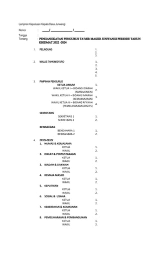 Lampiran Keputusan Kepala Desa Junwangi
Nomor :
Tangga :
Tentang :
1. PELINDUNG 1.
2.
3.
2. MAJLIS TAHKIM/SYURO 1.
2.
3.
4.
5.
3. PIMPINAN PENGURUS
KETUA UMUM 1.
WAKIL KETUA I BIDANG IDARAH
(MANAJEMEN)
2.
WAKIL KETUA II BIDANG IMARAH
(KEMAKMURAN)
3.
WAKIL KETUA III
(PEMELIHARAAN ASSETS)
4.
SEKRETARIS
SEKRETARIS 1 1.
SEKRETARIS 2 2.
BENDAHARA
BENDAHARA 1 1.
BENDAHARA 2 2.
4. SEKSI-SEKSI :
1. HUMAS & KERJASAMA
KETUA 1.
WAKIL 2.
2. DIKLAT & PERPUSTAKAAN
KETUA 1.
WAKIL 2.
3. IBADAH & DAKWAH
KETUA 1.
WAKIL 2.
4. REMAJA MASJID
KETUA 1.
WAKIL 2.
5. KEPUTRIAN
KETUA 1.
WAKIL 2.
6. SOSIAL & USAHA
KETUA 1.
WAKIL 2.
7. KEBERSIHAN & KEAMANAN
KETUA 1.
WAKIL 2.
8. PEMELIHARAAN & PEMBANGUNAN
KETUA 1.
WAKIL 2.
 