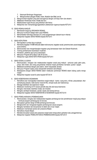 7. Kelompok Bimbingan Keagamaan;
8.
2. Mengumumkan kegiatan yang ada hubungannya dengan unit kerja intern dan ekstern;
3.
4. Melaksanakan tugas khusus yang diberikan oleh Ketua;
5. Melaporkan dan mempertanggungjawabkan pelaksanaan tugasnya kepada KETUA II
10. SEKSI REMAJA MASJID
1. Membawahi langsung ORGANISAI REMAS;
2. Menyusun kurikulum belajar Islam untuk REMAS;
3. Memanfaatkan teknologi informasi (IT) untuk pengembangan dakwah kaum milenial;
4. Melaporkan kegiatan SEKSI REMAS kepada KETUA II
5. SEKSI KEPUTRIAN
1. Meningkatkan sumber daya muslimah;
2. Memb
acara tertentu;
3. Merencanakan dan mengembangkan kegiatan yang berwawasan Islam dan Dakwah Muslimah;
4. Training pembentukan kecerdasan muslimah;
5. Penataran, pelatihan dan kursus kewanitaan;
6.
7. Melaporkan tugas SEKSI KEPUTRIAN kepada KETUA II
8. SEKSI SOSIAL & USAHA
1. Merencanakan, mengatur dan melaksanakan kegiatan sosial yang meliputi : santunan pada yatim piatu,
jompo, fakir miskin, dan orang yang terlantar; khitanan masal; pernikahan; kematian; qurban / aqiqah.
2.
3. Menyusun Program Usaha untuk memperoleh tambahan dana Masjid;.
4. Bekerjasama dengan SEKSI REMAS dalam melakukan pembinaan REMAS dalam bidang usaha remaja
masjid;
5. Melaporkan kegiatan social & usaha kepada KETUA III
6. SEKSI KEBERSIHAN & KEAMANAN
1. Memelihara dan meningkatkan kebersihan masjid meliputi : kantor, ruang tamu, mihrab, perpustakaan, tikar
sembahyang (karpet), toilet (kamar mandi & WC), tempat wudlu dan halamannya;
2. Menjaga ketertiban dan keamanan masjid;
3. Melakukan monitoring CCTV secara periodik atau bila ada kasus keamanan;
4. Mengatur shaf shalat, ketertiban shalat, dan khutbah;
5. Mengatur penitipan kendaraan, sandal, sepatu dan barang lainnya;
6. Melaporkan kegiatan SEKSI KEBERSIHAN & KEAMANAN kepada KETUA III
7. SEKSI PEMELIHARAAN & PEMBANGUNAN
1. Merencanakan, mengatur dan melaksanakan kegiatan pembangunan dan pemeliharaan masjid yang meliputi
: membuat program pembangunan & renovasi,
2. Menyiapkan gambar design & RAB pembangunan/renovasi;
3. Mengkoordinir dan mengawasi kegiatan pembangunan sesuai program;
4. Mengatur keindahan dan kenyamanan di dalam dan di luar masjid;
5. Melakukan inventarisasi sarana dan prasarana Masjid;
6. Memelihara Assets Masjid;
7. Mendata kerusakan sarana dan prasarana masjid serta mengusulkan perbaikan atau penggantiannya;
8. Melaporkan kegiatan PEMELIHATAAN & PEMBANGUNAN kepada KETUA III
 