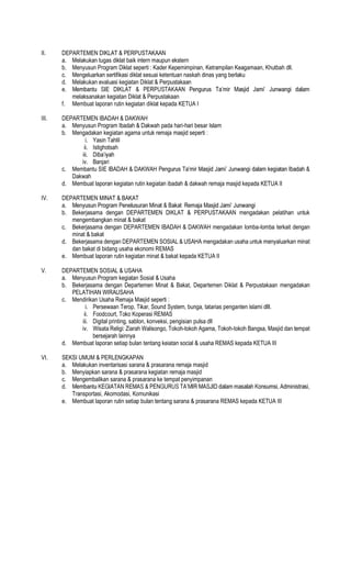 II. DEPARTEMEN DIKLAT & PERPUSTAKAAN
a. Melakukan tugas diklat baik intern maupun ekstern
b. Menyusun Program Diklat seperti : Kader Kepemimpinan, Ketrampilan Keagamaan, Khutbah dll.
c. Mengeluarkan sertifikasi diklat sesuai ketentuan naskah dinas yang berlaku
d. Melakukan evaluasi kegiatan Diklat & Perpustakaan
e.
melaksanakan kegiatan Diklat & Perpustakaan
f. Membuat laporan rutin kegiatan diklat kepada KETUA I
III. DEPARTEMEN IBADAH & DAKWAH
a. Menyusun Program Ibadah & Dakwah pada hari-hari besar Islam
b. Mengadakan kegiatan agama untuk remaja masjid seperti :
i. Yasin Tahlil
ii. Istighotsah
iii.
iv. Banjari
c. Membantu SIE IBADAH & DAKWAH
Dakwah
d. Membuat laporan kegiatan rutin kegiatan ibadah & dakwah remaja masjid kepada KETUA II
IV. DEPARTEMEN MINAT & BAKAT
a.
b. Bekerjasama dengan DEPARTEMEN DIKLAT & PERPUSTAKAAN mengadakan pelatihan untuk
mengembangkan minat & bakat
c. Bekerjasama dengan DEPARTEMEN IBADAH & DAKWAH mengadakan lomba-lomba terkait dengan
minat & bakat
d. Bekerjasama dengan DEPARTEMEN SOSIAL & USAHA mengadakan usaha untuk menyaluarkan minat
dan bakat di bidang usaha ekonomi REMAS
e. Membuat laporan rutin kegiatan minat & bakat kepada KETUA II
V. DEPARTEMEN SOSIAL & USAHA
a. Menyusun Program kegiatan Sosial & Usaha
b. Bekerjasama dengan Departemen Minat & Bakat, Departemen Diklat & Perpustakaan mengadakan
PELATIHAN WIRAUSAHA
c. Mendirikan Usaha Remaja Masjid seperti :
i. Persewaan Terop, Tikar, Sound System, bunga, tatarias penganten islami dlll.
ii. Foodcourt, Toko Koperasi REMAS
iii. Digital printing, sablon, konveksi, pengisian pulsa dll
iv. Wisata Religi: Ziarah Walisongo, Tokoh-tokoh Agama, Tokoh-tokoh Bangsa, Masjid dan tempat
bersejarah lainnya
d. Membuat laporan setiap bulan tentang keiatan social & usaha REMAS kepada KETUA III
VI. SEKSI UMUM & PERLENGKAPAN
a. Melakukan inventarisasi sarana & prasarana remaja masjid
b. Menyiapkan sarana & prasarana kegiatan remaja masjid
c. Mengembalikan sarana & prasarana ke tempat penyimpanan
d.
Transportasi, Akomodasi, Komunikasi
e. Membuat laporan rutin setiap bulan tentang sarana & prasarana REMAS kepada KETUA III
 