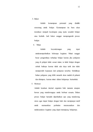 12
3. Bakat
Adalah kemampuan potensial yang dimiliki
seseorang untuk belajar. Kemampuan itu baru akan
terealisasi menjadi kecakapan yang nyata sesudah belajar
atau berlatih. Jadi bakat sanggat mempengaruhi proses
belajar.
4. Minat
Adalah kecenderungan yang tepat
untukmemperhatikan beberapa kegiatan. Minat sanggat
besar pengaruhnya terhadap belajar karena jika pelajaran
yang di pelajari tidak sesuai minat, ia tidak belajar dengan
sebaik baiknya karena tidak ada daya tarik dan tidak
memperoleh kepuasan dari pelajaran tersebut. Sebaliknya
bahan pelajaran yang lebih menarik akan mudah di pahami
dan disimpan, karena minat dalam belajarnya bertambah.
5. Motivasi
Adalah keadaan internal organism baik manusia ataupun
hewan yang mendorongnya untuk berbuat sesuatu. Dalam
proses belajar haruslah diperhatikan apa yang mendorong
siswa agar dapat belajar dengan baik dan mempunyai motif
untuk memusatkan perhatian merencanakan dan
melaksanakan kegiatan yang dapat menunjang belajarnya.
 