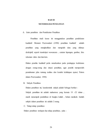 26
BAB III
METODOLOGI PENELITIAN
A. Jenis penelitian dan Pendekatan Penelitian
Penelitian studi kasus ini menggunakan penelitian pendekatan
kualitatif. Menurut Poerwandari (1998) penelitian kualitatif adalah
penelitian yang menghasilkan dan mengolah data yang sifatnya
deskriptif, seperti transkripsi wawancara , catatan lapangan, gambar, foto
rekaman video dan lain-lain.
Dalam penelita kualitatif perlu menekankan pada pentingnya kedekatan
dengan orang-orang dan situasi penelitian, agar peneliti memperoleh
pemahaman jelas tentang realitas dan kondisi kehidupan nyata.( Patton
dalam Poerwandari, 1998)
B. Subyek Penelitian
Dalam penelitian ini, karakteristik subjek adalah Sebagai berikut :
Subjek penelitian ini adalah mahasiswa yang berusia 19 -22 tahun ,
masih menempuh pendidikan di bangku kuliah , belum menikah. Jumlah
subjek dalam penelitian ini adalah 2 orang.
C. Tahap-tahap penelitian
Dalam penelitian terdapat dua tahap penelitian, yaitu :
26
 