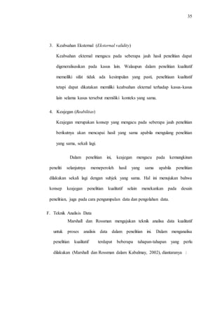 35
3. Keabsahan Eksternal (Eksternal validity)
Keabsahan ekternal mengacu pada seberapa jauh hasil penelitian dapat
digeneralisasikan pada kasus lain. Walaupun dalam penelitian kualitatif
memeiliki sifat tidak ada kesimpulan yang pasti, penelitiaan kualitatif
tetapi dapat dikatakan memiliki keabsahan ekternal terhadap kasus-kasus
lain selama kasus tersebut memiliki konteks yang sama.
4. Keajegan (Reabilitas)
Keajegan merupakan konsep yang mengacu pada seberapa jauh penelitian
berikutnya akan mencapai hasil yang sama apabila mengulang penelitian
yang sama, sekali lagi.
Dalam penelitian ini, keajegan mengacu pada kemungkinan
peneliti selanjutnya memeperoleh hasil yang sama apabila penelitian
dilakukan sekali lagi dengan subjek yang sama. Hal ini menujukan bahwa
konsep keajegan penelitian kualitatif selain menekankan pada desain
penelitian, juga pada cara pengumpulan data dan pengolahan data.
F. Teknik Analisis Data
Marshall dan Rossman mengajukan teknik analisa data kualitatif
untuk proses analisis data dalam penelitian ini. Dalam menganalisa
penelitian kualitatif terdapat beberapa tahapan-tahapan yang perlu
dilakukan (Marshall dan Rossman dalam Kabalmay, 2002), diantaranya :
 