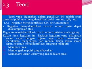 2.3       Teori
      Teori yang digunakan dalam penelitian ini adalah teori
apresiasi puisi atau mengidentifikasi puisi ( Antara, 1985 : 9 ).
 2.3.1 Kegiatan Mengidentifikasi Ciri-ciri Umum puisi
1. Kegiatan mengidentifikasi ciri-ciri umum puisi dapat
     dikelompokkan atas:
Kegiatan mengidentifikasi ciri-ciri umum puisi secara langsung
Dalam jenis kegiatan ini, kegiatan-kegiatan yang dilakukan
   secara sadar dengan tujuan agar dapat memahami,
   menikmati, menghargai, dan menilai karya sastra secara
   tepat. Kegiatan mengidentifikasi langsung meliputi:
a) Membaca puisi
b) Mendengarkan puisi yang dibacakan
c) Memahami unsur-unsur yang ada di dalam puisi.
 