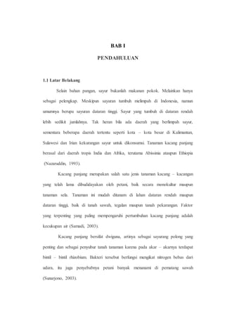 BAB I 
PENDAHULUAN 
1.1 Latar Belakang 
Selain bahan pangan, sayur bukanlah makanan pokok. Melainkan hanya 
sebagai pelengkap. Meskipun sayuran tumbuh melimpah di Indonesia, namun 
umumnya berupa sayuran dataran tinggi. Sayur yang tumbuh di dataran rendah 
lebih sedikit jumlahnya. Tak heran bila ada daerah yang berlimpah sayur, 
sementara beberapa daerah tertentu seperti kota – kota besar di Kalimantan, 
Sulawesi dan Irian kekurangan sayur untuk dikonsumsi. Tanaman kacang panjang 
berasal dari daerah tropis India dan Afrika, terutama Abissinia ataupun Ethiopia 
(Nazaruddin, 1993). 
Kacang panjang merupakan salah satu jenis tanaman kacang – kacangan 
yang telah lama dibudidayakan oleh petani, baik secara monokultur maupun 
tanaman sela. Tanaman ini mudah ditanam di lahan dataran rendah maupun 
dataran tinggi, baik di tanah sawah, tegalan maupun tanah pekarangan. Faktor 
yang terpenting yang paling mempengaruhi pertumbuhan kacang panjang adalah 
kecukupan air (Samadi, 2003). 
Kacang panjang bersifat dwiguna, artinya sebagai sayurang polong yang 
penting dan sebagai penyubur tanah tanaman karena pada akar – akarnya terdapat 
bintil – bintil rhizobium. Bakteri tersebut berfungsi mengikat nitrogen bebas dari 
udara, itu juga penyebabnya petani banyak menanami di pematang sawah 
(Sunarjono, 2003). 
 