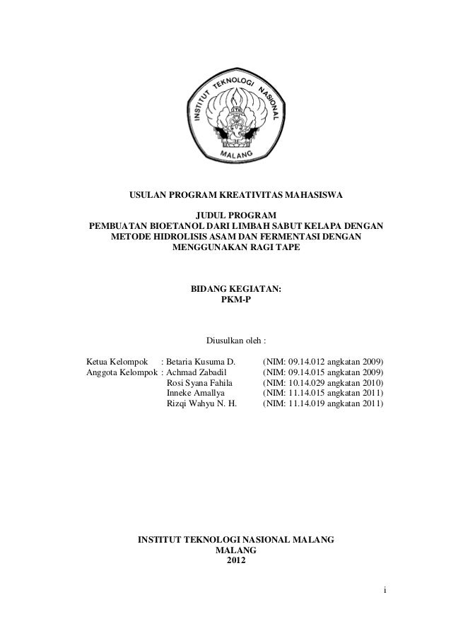Proposal Penelitian Pkm Bioetanol Dari Sabut Kelapa