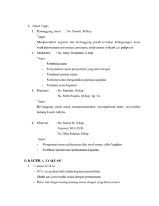 8. Uraian Tugas
1. Penanggung Jawab : Ns. Dasuki, M.Kep
Tugas:
Mengkoordinir kegiatan dan bertanggung jawab terhadap kelangsungan acara
sejak perencanaan pertemuan, persiapan, pelaksanaan evaluasi dan pelaporan
2. Moderator : Ns. Netty Wulandari, S.Kep
Tugas :
- Membuka acara
- Menjelaskan tujuan penyuluhan yang akan dicapai
- Membuat kontrak waktu
- Memimpin dan mengarahkan jalannya kegiatan
- Menutup acara kegiatan
3. Presenter : Ns. Maulani, M.Kep
Ns. Mefri Puspita, M.Kep. Sp. An
Tugas:
Bertanggung jawab untuk mempersentasekan (memaparkan) materi penyuluhan
tentang Gouth Athritis.
4. Observer : Ns. Netisa W, S.Kep
Noprival, M.A TESL
Ns. Dlisa Sulastri, S.Kep
Tugas:
- Mengamati proses pelaksanaan dari awal sampai akhir kegiatan
- Membuat laporan hasil pelaksanaan kegiatan
D. KRITERIA EVALUASI
1. Evaluasi Struktur
- 80% masyarakat hadir dalam kegiatan penyuluhan
- Media dan alat tersedia sesuai dengan perencanaan
- Peran dan fungsi masing-masing sesuai dengan yang direncanakan
 