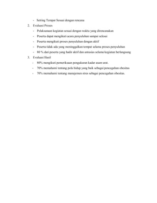 - Setting Tempat Sesuai dengan rencana
2. Evaluasi Proses
- Pelaksanaan kegiatan sesuai dengan waktu yang direncanakan
- Peserta dapat mengikuti acara penyuluhan sampai selesai
- Peserta mengikuti proses penyuluhan dengan aktif
- Peserta tidak ada yang meninggalkan tempat selama proses penyuluhan
- 80 % dari peserta yang hadir aktif dan antusias selama kegiatan berlangsung
3. Evaluasi Hasil
- 80% mengikuti pemeriksaan pengukuran kadar asam urat.
- 70% memahami tentang pola hidup yang baik sebagai pencegahan obesitas
- 70% memahami tentang manajemen stres sebagai pencegahan obesitas.
 