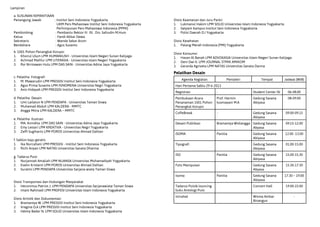 b. 1001 Pohon Penangkal Korupsi
1.	 Khoirul Ulum LPM HUMANIUSH - Universitas Islam Negeri Sunan Kalijaga
2.	 Achmad Mahfur LPM LITERASIA - Universitas Islam Negeri Yogyakarta
3.	 Roi Nirmawan Hulu LPM DAS SAIN - Universitas Adma Jaya Yogyakarta
c. Pelatiha Fotografi
1.	 M. Mawarudin LPM PRESSISI Institut Seni Indonesia Yogyakarta
2.	 Agus Prima Susanto LPM FENOMENA Universitas Negri Yogyakarta
3.	 Anis Hidayah LPM PRESSISI Institut Seni Indonesia Yogyakarta
d. Pelatiha Desain
1.	 Umi Lailatun N LPM PENDAPA - Universitas Taman Siswa
2.	 Muhamad Abduh LPM KALDERA - MMTC
3.	 Angga Mitra LPM KALDERA – MMTC
e. Pelatiha Ilustrasi
1.	 MA. Anindita. LPM DAS SAIN - Universitas Adma Jaya Yogyakarta
2.	 Emy Lestari LPM KREATIVA - Universitas Negri Yogyakarta
3.	 Zeffi Sugiharto LPM POROS Universitas Ahmad Dahlan
f. Sablon baju geratis
1.	 Ika Nurcahani LPM PRESSISI - Institut Seni Indonesia Yogyakarta
2.	 Richi Anyan LPM NATAS Universitas Sanata Dharma
g. Tadarus Puisi
1.	 Nurjannah Amaliah LPM NUANSA Universitas Muhamadiyah Yogyakarta
2.	 Evelin Kristanti LPM POROS Universitas Ahmad Dahlan
3.	 Suratmi LPM PENDAPA Universitas Sarjana wiata Taman Siswa
Divisi Transportasi dan Hubungan Masyarakat
1.	 Heronimus Patriot J. LPM PENDAPA Universitas Sarjanawiata Taman Siswa
2.	 Imam Rahmadi LPM PROFESI Universitas Islam Indonesia Yogyakarta
Divisi Artistik dan Dokumentasi
1.	 Bramantya W. LPM PRESSISI Institut Seni Indonesia Yogyakarta
2.	 Vregina D.A LPM PRESSISI Institut Seni Indonesia Yogyakarta
3.	 Helmy Badar N. LPM SOLID Universitas Islam Indonesia Yogyakarta
Lampiran
a. SUSUNAN KEPANITIAAN
Penangung Jawab 	 : Institut Seni Indonesia Yogyakarta
			 UKM Pers Mahasiswa Institut Seni Indonesia Yogyakarta
			 Perhimpunan Pers Mahasiswa Indonesia (PPMI)
Pembimbing		 : Pembantu Rektor III ISI . Drs. Safrudin M.Hum
Ketua			 : Fandi Akbar Dewa
Sekretaris 		 : Wanda Sekar Arum
Bendahara		 : Agus Susanto
Divisi Keamanan dan Juru Parkir
1.	 Lukmanul Hakim LPM SOLID Universitas Islam Indonesia Yogyakarta
2.	 Satpam Kampus Institut Seni Indonesia Yogyakarta
3.	 Polisi Daerah D.I Yogyakarta
Divisi Kesehatan
1.	 Palang Merah Indonesia (PMI) Yogyakarta
Divisi Konsumsi
1.	 Hasan Al Banah LPM ADVOKASIA Universitas Islam Negeri Sunan Kalijaga
2.	 Deni Dwi K. LPM JOURNAL STMIK AMIKOM
3.	 Gerarda Agriveta LPM NATAS Universitas Sanata Darma
Pelatihan Desain
Agenda Kegiatan Pemateri Tempat Jadwal (WIB)
Hari Pertama Sabtu 29-6-2013
Registrasi - Student Center ISI 06-08.00
Pembukaan Acara
Penanaman 1001 Pohon
Penangkal Korupsi
Prof. Hermin
kusmayani M.A
Gedung Sasana
Abiyasa
08-09.00
CoffeBreak - Gedung Sasana
Abiyasa
09.00-09.15
Desain Publikasi Bramantya Widiangga Gedung Sasana
Abyasa
09.15-12.00
ISOMA Panitia Gedung Sasana
Abiyasa
12.00 -13.00
Tipografi Gedung Sasana
Abiyasa
01.00-15.00
ISO Panitia Gedung Sasana
Abiyasa
15.00-15.30
Foto Manipulasi Gedung Sasana
Abyasa
15.30-17.30
Isoma Panitia Gedung Sasana
Abiyasa
17.30 – 19.00
Tadarus Puisi& louncing
buku Antologi Puisi
Concert Hall 19.00-22.00
Istirahat Wisma Ambar
Binangun
-
 