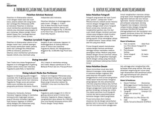 Pelatihan ini dilaksanakan selama
3 hari dengan materi teori dan studi
kasus. peserta adalah 100 orang terdiri
dari Lembaga Pers Mahasiswa (LPM)
se-Indonesia. Pelatihan ini dikemas
untuk memberikan pemahaman kepada
individu atau kelompok yang bergelut di
pers mahasiwa. Adapun pengisi materi
adalah Dewan Pers, Lembaga Bantuan
Hukum (LBH) Pers, Aliansi Jurnalis
Independen (AJI) Indonesia
Pelatihan Advokasi ini diselenggarakan
pada Jumat – Minggu, 6 – 8 April
2012 di Balai Pemuda (Youth Hostel)
Ambarbinangun Kasihan, Bantul, DIY.
Menghabiskan Anggaran Rp. 51.906.000
(Lima Puluh Satu Juta Sembilan Ratus
Enam Ribu Rupiah)
Pelatihan ini dilaksanakan selama 4 hari
dengan materi teori, praktek lapangan
dan simulasi pembuatan media. peserta
terdiri dari Lembaga Pers Mahasiswa
(LPM) se-Indonesia, pelatihan ini
dikemas untuk memberikan pemahaman
kepada individu atau kelompok yang
bergelut di pers mahasiwa. kegiatan ini
diselenggarakan di Gedung Rektorat
lantai III Institut Seni Indonesia
Yogyakarta, Bantul, DIY. Menghabiskan
Anggaran Rp. 31.000.000 (Tiga Puluh Satu
Juta)
Kegiatan ini berlangsung pada tanggal 5
november 2012 di gedung sasana abiyasa
Fakultas Seni Rupa Institut Seni Indonesia
Yogyakarta. Pengisi acara perusahaan
media suara merdeka dan perstuan
pengusaha periklanan Indonesia. Peserta
meliputi Unit Kegiatan Mahasiswa yang
bergerak dalam bidang Pers yang berada
di wilayah Daerah Istimewa Yogyakarta.
Biaya yang di keluarkan sebesar Rp
5.500.000 ( Lima Juta Lima Ratus Ribu
Rupiah)
“Kampusmu, Kampusku, Kampus
Indonesia” kegiatan dialog ini membahas
tentang kondisi lingkungan kampus
yang di fokuskan terhadap lingkungan
hijau kampus. Kegiatan ini dihadiri
setiap delegasi Pers Mahasiswa yang
ada di wilayah Daerah Istimewa
Yogyakarta pada tanggal 10-11-2012 di
gedung rektorat lantai III Institut Seni
Indonesia Yogyakarta. Adapun kegiatan
menghabiskan dana sebesar Rp 2.000.000
(Dua Juta Rupiah) kerjasama antara UKM
Pressisi dengan Tempo Media.
“Seni Tradisi Ilmu diatas Pengetahuan”
Kegiatan ini di selenggarakan di gedung
Student Center Institut Seni Indonesia
Yogyakarta pada Rabu 12 September
2012. dialok ini membahas tentang
seni tradisi. Adapun pembicara Dr. Aris
Wahyudi M.Hum dan Drs. Pracoyo.M.Hum
A.PAPARANKEGIATANYANGTELAHDILAKSANAKAN
BAB II
KEGIATAN
Dialog Interaktif
Dialog Industri Media Dan Periklanan
Dialog Interaktif
Pelatihan Advokasi Nasional
Pelatihan Jurnalistik Tingkat Dasar
Kelas Pelatihan Fotografi
Fotografi yang berasal dari kata Yunani
yaitu “photos” : Cahaya dan “Grafo” :
Melukis/menulis.) adalah proses melukis/
menulis dengan menggunakan media
cahaya. Sebagai istilah umum, fotografi
berarti proses atau metode untuk
menghasilkan gambar atau foto dari
suatu obyek dengan merekam pantulan
cahaya yang mengenai obyek tersebut
pada media yang peka cahaya. Alat
paling populer untuk menangkap cahaya
ini adalah kamera. Tanpa cahaya, tidak
ada foto yang bisa dibuat.
Prinsip fotografi adalah memokuskan
cahaya dengan bantuan pembiasan
sehingga mampu membakar medium
penangkap cahaya. Medium yang telah
dibakar dengan ukuran luminitas cahaya
yang tepat akan menghailkan bayangan
identik dengan cahaya yang memasuki
medium pembiasan (selanjutnya disebut
lensa).
Untuk menghasilkan intensitas cahaya
yang tepat untuk menghasilkan gambar,
digunakan bantuan alat ukur berupa
lightmeter. Setelah mendapat ukuran
pencahayaan yang tepat, seorang
fotografer bisa mengatur intensitas
cahaya tersebut dengan mengubah
kombinasi ISO/ASA (ISO Speed),
diafragma(Aperture), dan kecepatan rana
(speed). Kombinasi antara ISO, Diafragma
& Speed disebut sebagai pajanan
(exposure).
Materi & Pembicara
1.	 Foto Jurnalistik	 : Ideal Rusli
S.sn. M.Sn (Dosen Fotografi ISI
Yogyakarta)
2.	 Pencahayaan		 : Subekti
Subhan
3.	 Tehik Fotografi	 : M. Halim
4.	 Komposisi		 : Trimukti
Yuliana
Kelas Pelatihan Desain
Desain komunikasi visual atau lebih
dikenal di kalangan civitas akademik
di Indonesia dengan singkatan DKV
pada dasarnya merupakan istilah
penggambaran untuk proses pengolahan
media dalam berkomunikasi mengenai
pengungkapan ide atau penyampaian
informasi yang bisa terbaca atau terlihat.
Desain Komunikasi Visual erat kaitannya
dengan penggunaan tanda-tanda (signs),
gambar (drawing), lambang dan simbol,
ilmu dalam penulisan huruf (tipografi),
ilustrasi dan warna yang kesemuanya
berkaitan dengan indera penglihatan.
Proses komunikasi disini melalui
eksplorasi ide-ide dengan penambahan
gambar baik itu berupa foto, diagram dan
lain-lain serta warna selain penggunaan
teks sehingga akan menghasilkan efek
terhadap pihak yang melihat. Efek yang
dihasilkan tergantung dari tujuan yang
ingin disampaikan oleh penyampai pesan
dan juga kemampuan dari penerima
pesan untuk menguraikannya.
Materi & Pembicara
1.	 Desain Publikasi	 : Bramantya
Widiangga (Juara II lomba desain LG)
2.	 Foto Manipulasi	 : Bramantya
Widiangga (Juara II lomba desain LG)
3.	 Tipografi		 : Ginanjar S.Sn
(Tugas ahir terbaik ISI)
4.	 Layout		 : FX.
Widyatmoko S.sn, Msn (Dosen ISI)
5.	 Logo		 : Bangkit
Dandy Yanuarta (Desainer ArtEffect)
B.BENTUKKEGIATANYANGAKANDILAKSANAKAN
 