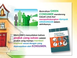 Munculnya GREEN
CONSUMER mendorong
industri untuk ikut
mempertimbangkan dampak
LINGKUNGAN dalam
aktivitasnya.
Ulrich (2001) menyatakan bahwa
produk yang sukses adalah
produk yang mampu memberi
manfaat sesuai dengan yang
dipersepsikan oleh KONSUMEN.
 